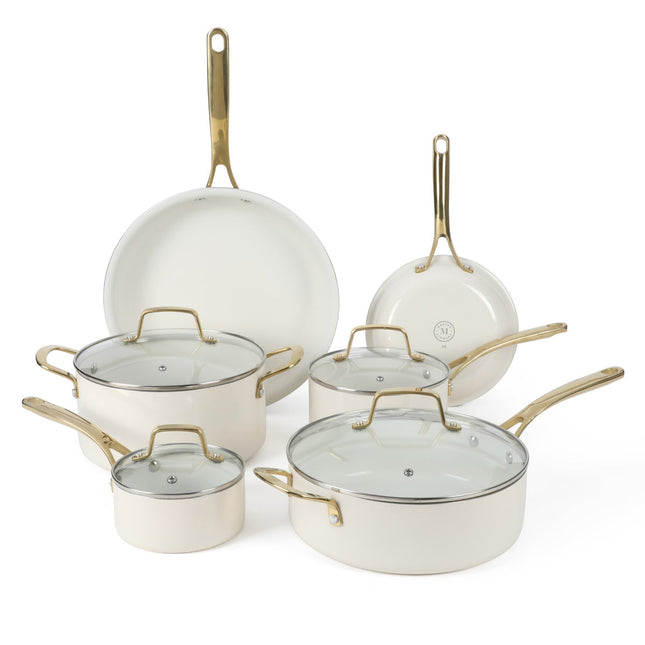 Martha Stewart Lockton 10 Piece Nonstick Ceramic Cookware Set Heavy Gauge Aluminum Pots and Pans Butter Cream