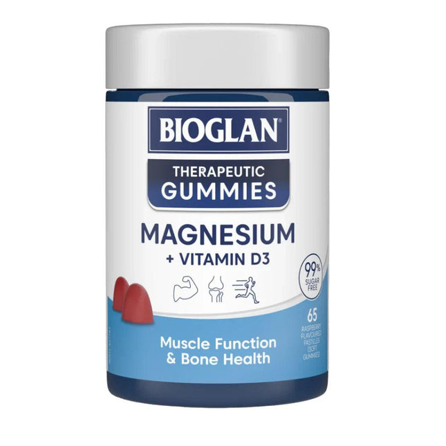 Bioglan Therapeutic Gummies Magnesium + Vitamin D3 65 Pastilles – Raspberry Flavour - OhYouLuckyDuck.com.au