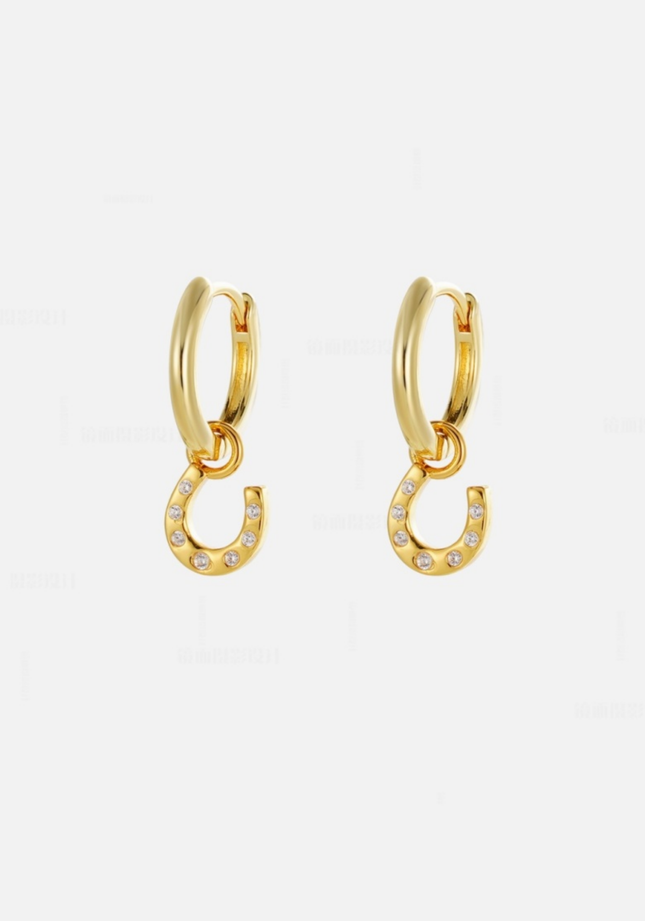 Zafino Lucky Hoop Gold Earrings with Pave Horseshoe Charm