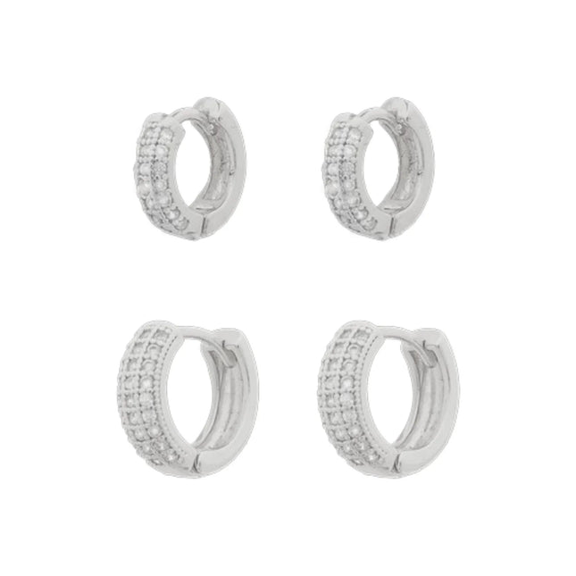 Sensation Thick Cubic Zirconia Huggie Hoop Earrings Set Rhodium Plated