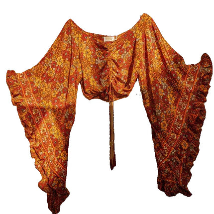Ginger Bear Boutique Hippie Flare Bell Sleeve Cinch Top Orange Paisley