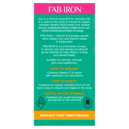 Fab Iron + Vitamin B Complex 60 Tablets - OhYouLuckyDuck.com.au