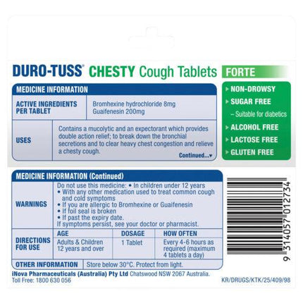 Durotuss Chesty Forte 60 Tablets - OhYouLuckyDuck.com.au