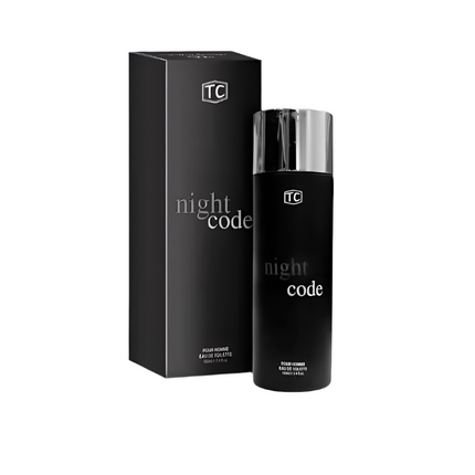 Black 'night code' perfume bottle and packaging on a white background