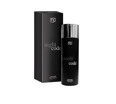Black 'night code' perfume bottle and packaging on a white background