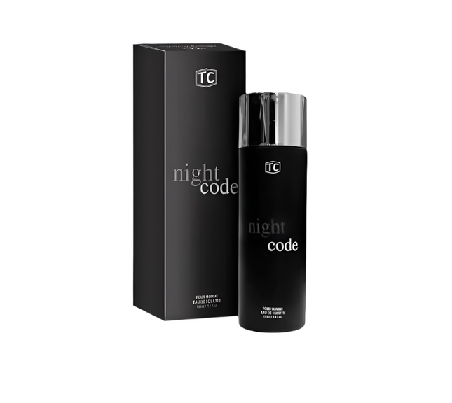 Black 'night code' perfume bottle and packaging on a white background