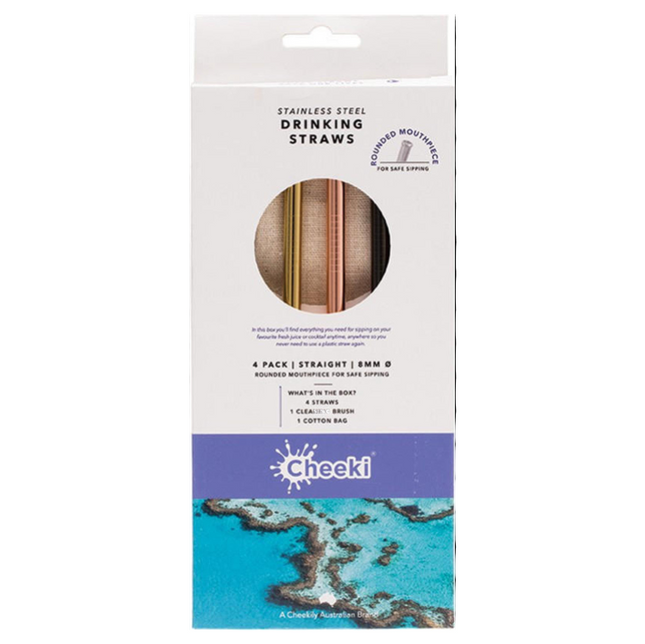 Cheeki Stainless Steel Straws Straight Mixed Colours + Cleaning Brush