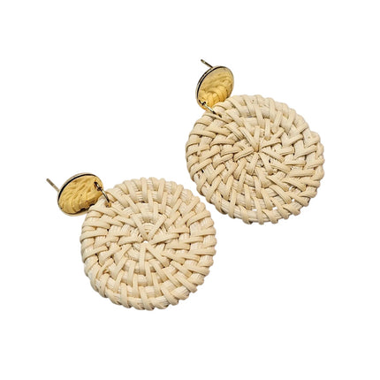 Kiki Earrings Round Cream Rattan Woven Bohemian Drop Earrings For Women