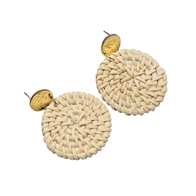Kiki Earrings Round Cream Rattan Woven Bohemian Drop Earrings For Women