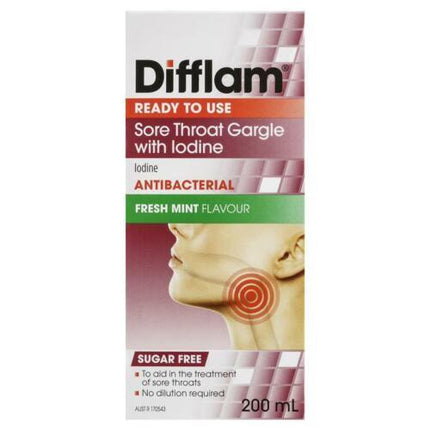 Difflam Ready To Use Sore Throat Gargle With Iodine 200mL - OhYouLuckyDuck.com.au