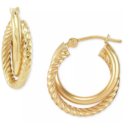 Sterling Silver Twisted & Smooth Small Hoop Earrings in 14k Gold 15mm