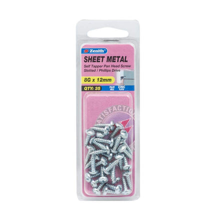 Zenith Sheet Metal Self Tapper Pan Head Screw Slotted/Phillips Drive 8G x 12mm 35 Pack