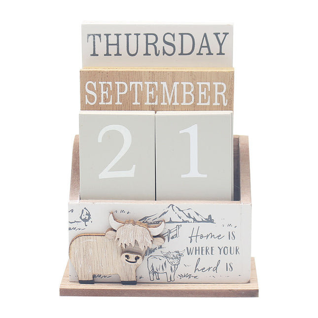 Gibson Gifts Wooden Highland Cow Calendar Block Home Decor 12X16CM