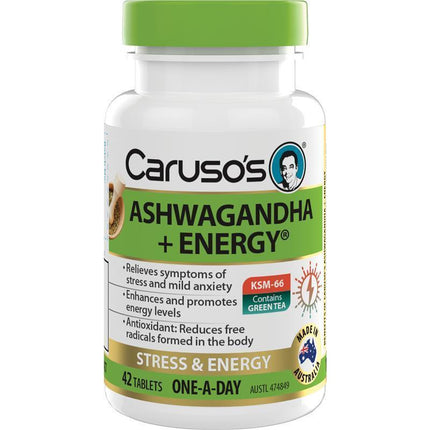 Carusos Ashwagandha Plus L Theanine for Stress and Mild Anxiety Relief 60 Tablets