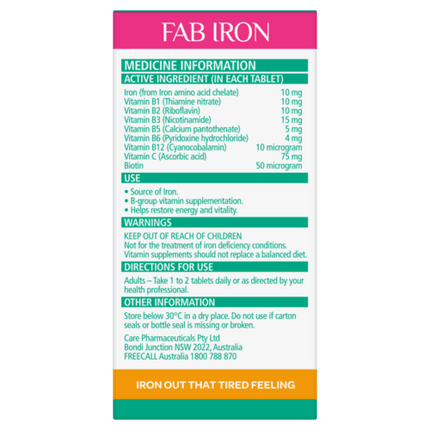 Fab Iron + Vitamin B Complex 60 Tablets - OhYouLuckyDuck.com.au