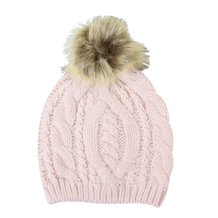 Wicked Sista Cable Knit Beanie With Faux Fur Pom Pom Blush