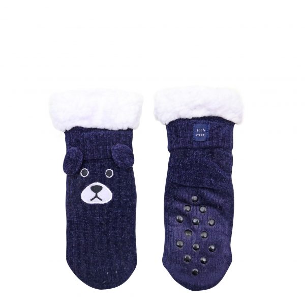 Wicked Sista Animal Chenille Slipper Socks Navy Dog