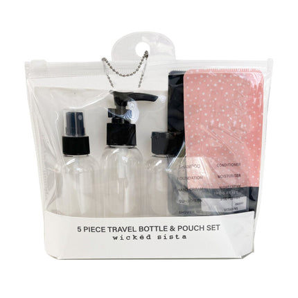 Wicked Sista 5 Piece Travel Bottle and Pouch Set Pink and Black