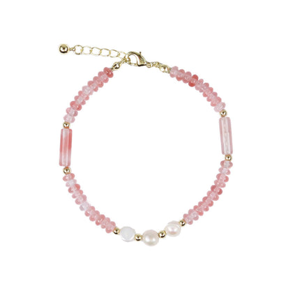 Wicked Sista Strawberry Quartz And Pearl Beaded Bracelet Gold Adjustable