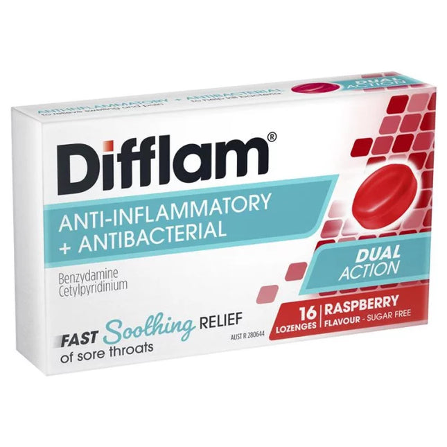 Difflam Sore Throat Lozenges Raspberry 16 Lozenges - OhYouLuckyDuck.com.au