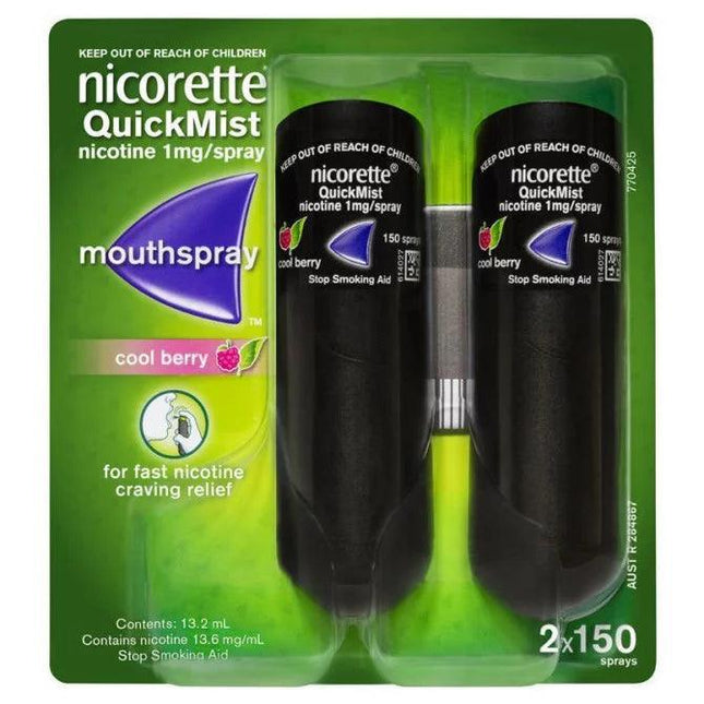Nicorette QuickMist SmartTrack Nicotine Cool Berry Mouthspray Duo Pack 2 X 150 Sprays - OhYouLuckyDuck.com.au