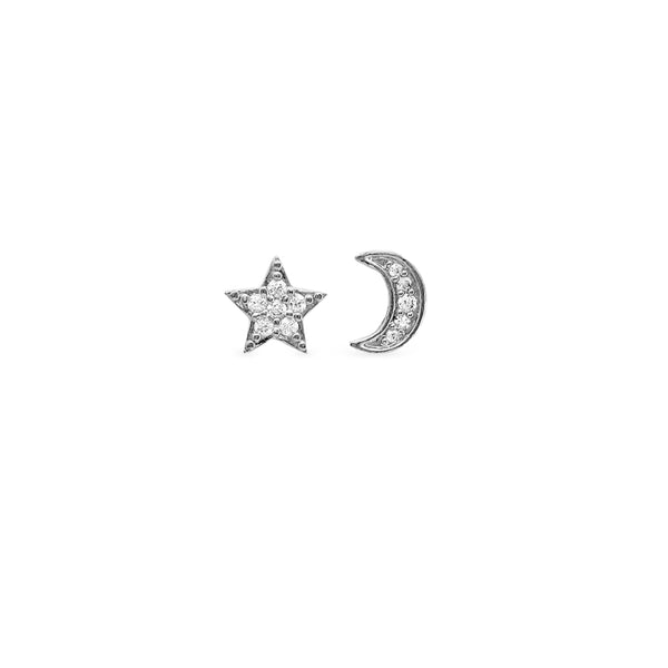 Ear Sense Earring F386 Silver Pave Sun & Moon Mismatched Pair