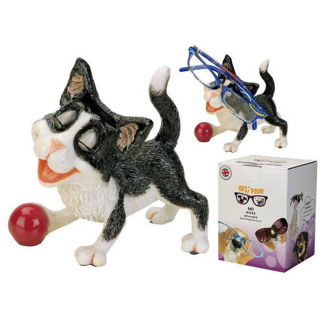 OptiPaws Black And White Cat Eye Glasses Holder Cat Figurine