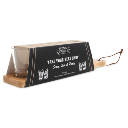 Men's Republic Wooden Paddle Board with 4 Shot Glasses Serving Set