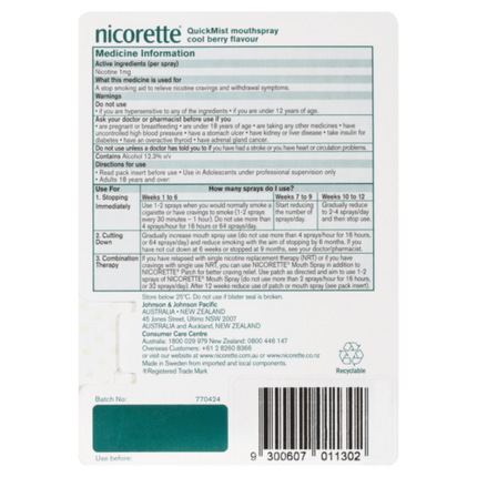 Nicorette Nicotine QuickMist Cool Berry Spray 150 Sprays - OhYouLuckyDuck.com.au