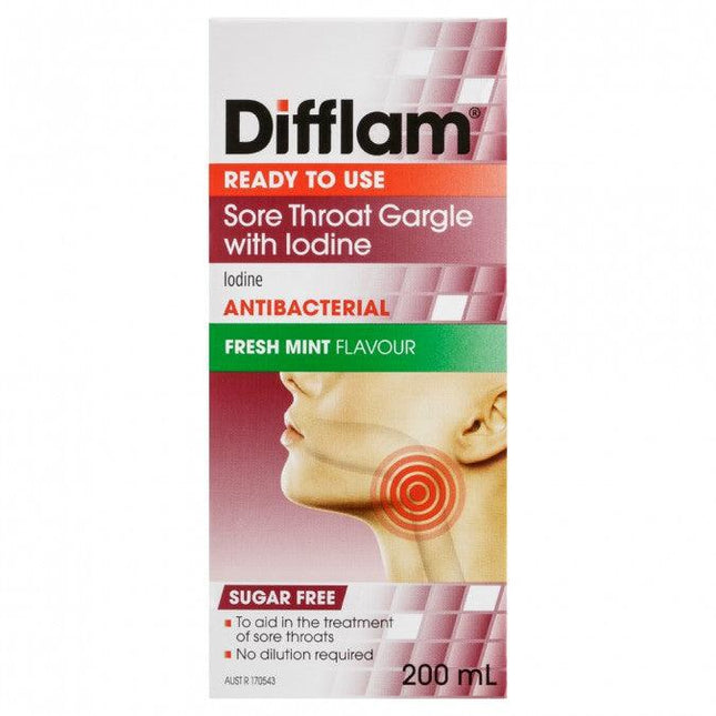 Difflam Ready To Use Sore Throat Gargle With Iodine 200mL - OhYouLuckyDuck.com.au