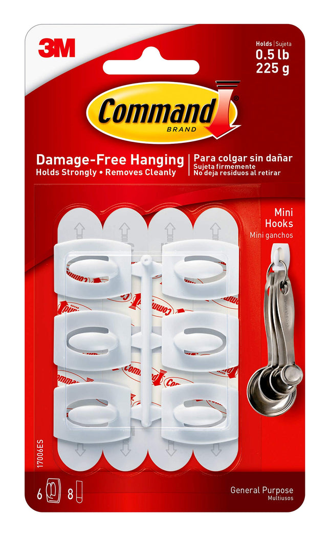 3M Command Mini Hooks White 6 Hooks and 8 Strips