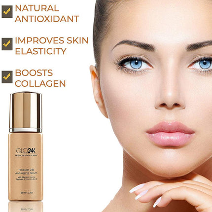 GLO24K Timeless 24k Anti-Aging Serum with 24k Gold Amino Peptides & Vitamins A C E 35ml - OhYouLuckyDuck.com.au