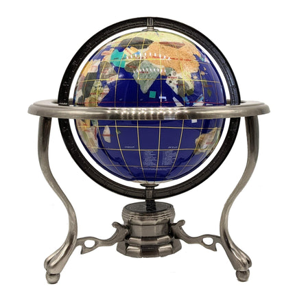 Unique Art Blue Lapis Ocean Gemstone World Globe with Silver Tripod Stand 25.4 cm