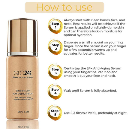GLO24K Timeless 24k Anti-Aging Serum with 24k Gold Amino Peptides & Vitamins A C E 35ml - OhYouLuckyDuck.com.au