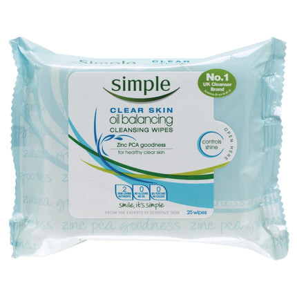 Simple Clear Skin Oil Balancing Cleansing Wipes, 3 x 25 Count