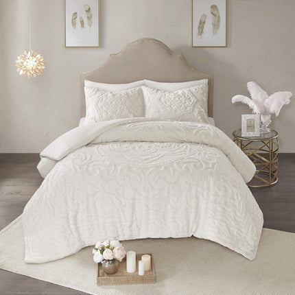 Madison Park Laetitia 100 Percent Cotton Duvet Cover Set with Chenille Tufted Medallion Design Shabby Chic All Season Bedding with Shams Floral Off White Full Queen 90 x 90 Inches