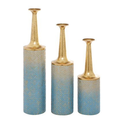 Deco 79 Metal Floral Decorative Vase Centerpiece Vases with Gold Top Set of 3 Blue