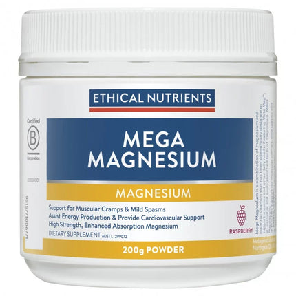Ethical Nutrients Mega Magnesium Powder Raspberry 200g - OhYouLuckyDuck.com.au