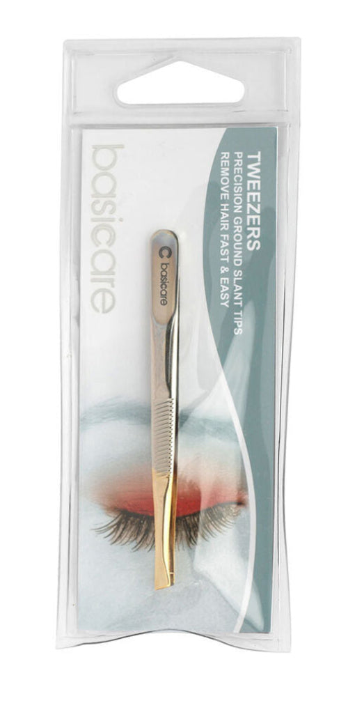 Basicare Slant Tip Tweezers with Half Gold Blade Stainless Steel