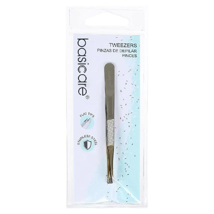 Basicare Flat Tip Tweezers With Half Gold Blade Stainless Steel 8.5CM
