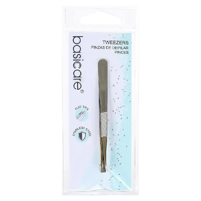 Basicare Flat Tip Tweezers With Half Gold Blade Stainless Steel 8.5CM