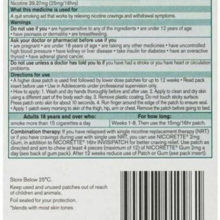 Nicorette Nicotine Patch 16hr Invisipatch Step 1 25mg 28 Patches - OhYouLuckyDuck.com.au