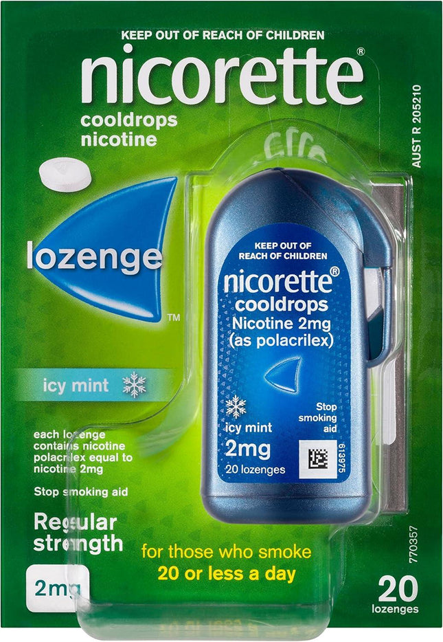 Nicorette Quit Smoking Regular Strength Cooldrops Nicotine Lozenge Icy Mint 20 Pack - OhYouLuckyDuck.com.au