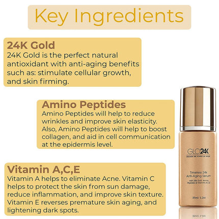 GLO24K Timeless 24k Anti-Aging Serum with 24k Gold Amino Peptides & Vitamins A C E 35ml - OhYouLuckyDuck.com.au