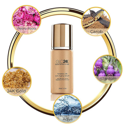 GLO24K Timeless 24k Anti-Aging Serum with 24k Gold Amino Peptides & Vitamins A C E 35ml - OhYouLuckyDuck.com.au