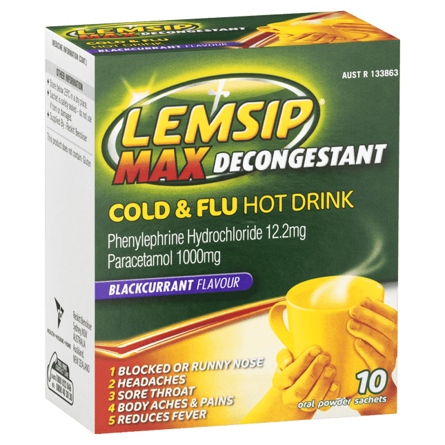 Lemsip Max Decongestant Cold & Flu Hot Drink 10 Sachets – Blackcurrant