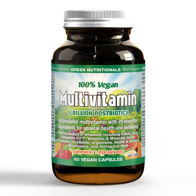 Green Nutritionals 100% Vegan Multivitamin with 5 Billion Postbiotics 60 Capsules
