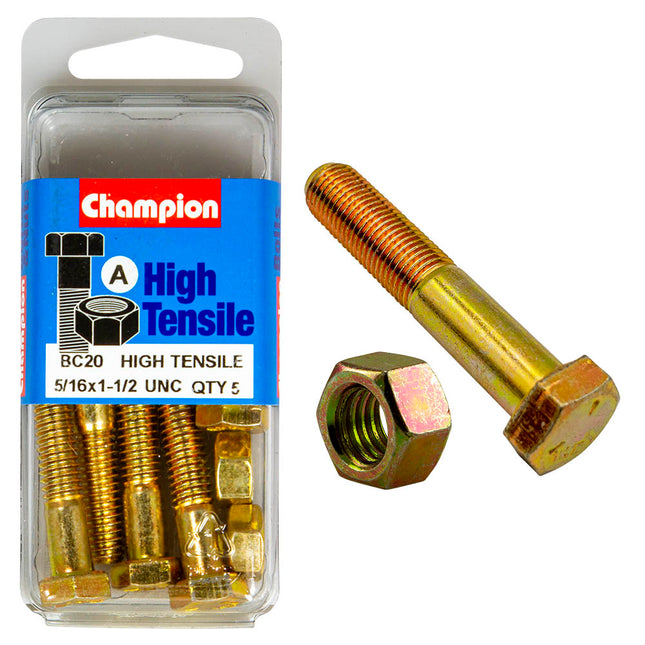 Champion Bolt & Nut Hi Tensile Unc Zinc 5/16 X 1 1/2 5 Pack
