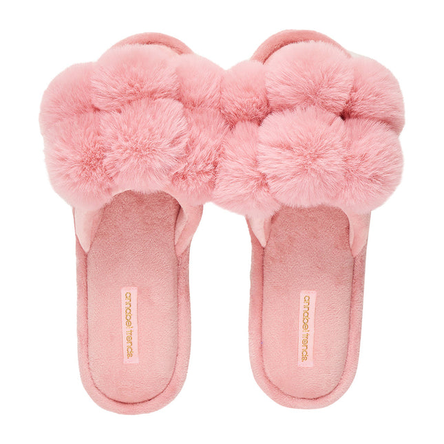 Annabel Trends Cosy Luxe Pom Pom Slippers Pink Lemon Large