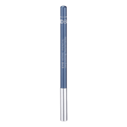 A metallic blue kohl eye pencil from DB Cosmetics, with the cap removed, displayed on a neutral background.